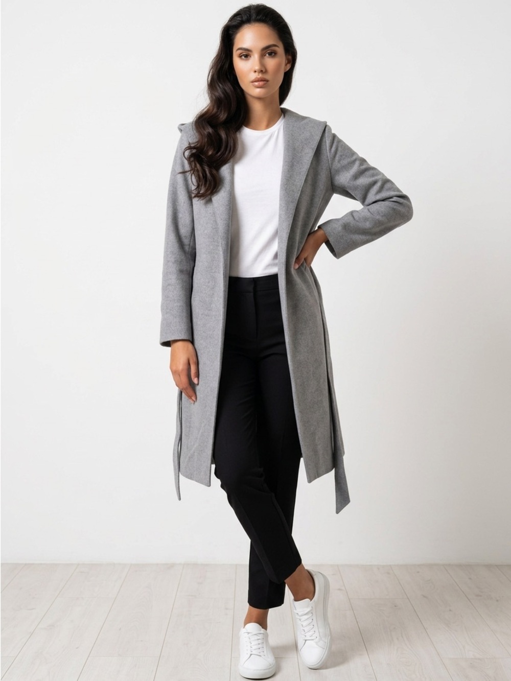 Grey Hooded Long Coat - Minimal Chic